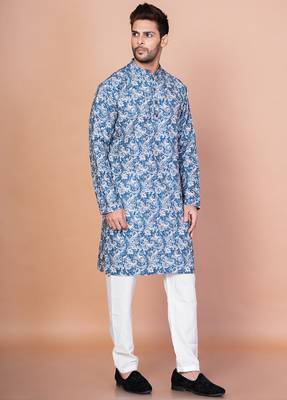 Blue cotton blend kurta for men with printed design 3
