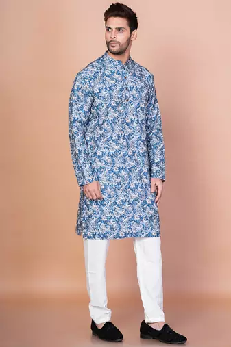 Blue cotton blend kurta for men with printed design