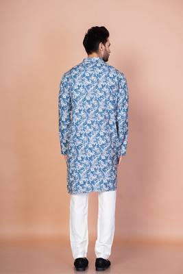 Blue cotton blend kurta for men with printed design 4