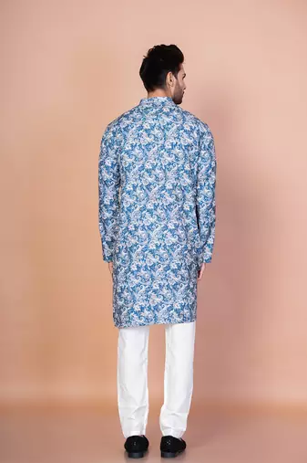 Blue cotton blend kurta for men with printed design