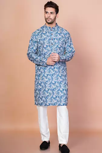 Blue cotton blend kurta for men with printed design