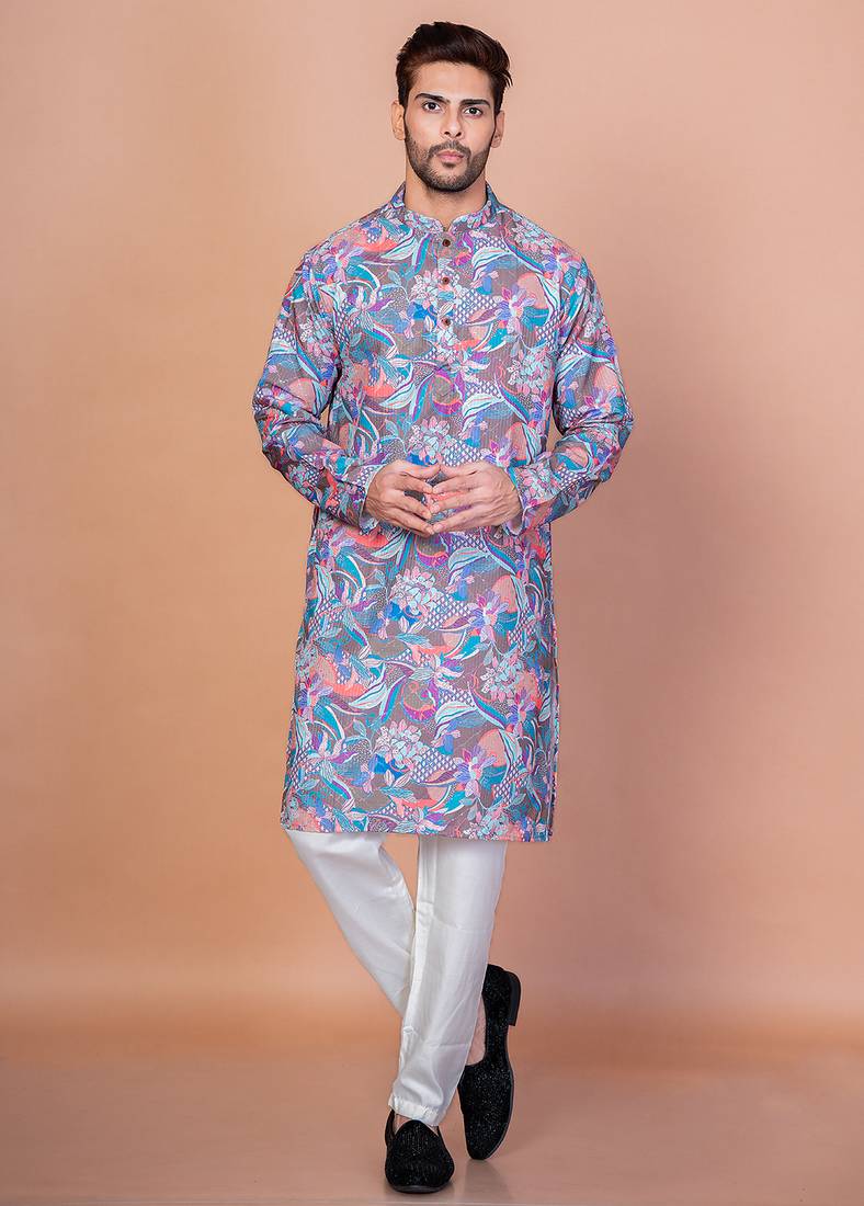 Multicolor cotton blend kurta for men with printed design