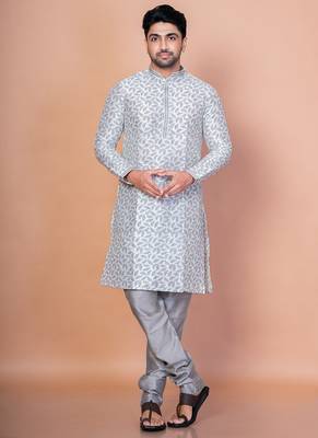 Grey banarasi silk kurta for men with solid design 1