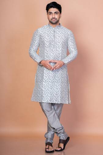Grey banarasi silk kurta for men with solid design