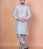 Grey banarasi silk kurta for men with solid design