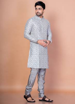 Grey banarasi silk kurta for men with solid design 3