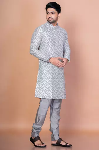 Grey banarasi silk kurta for men with solid design