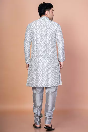 Grey banarasi silk kurta for men with solid design