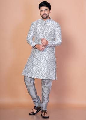 Grey banarasi silk kurta for men with solid design 5