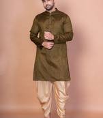 Olive banarasi silk kurta for men with solid design