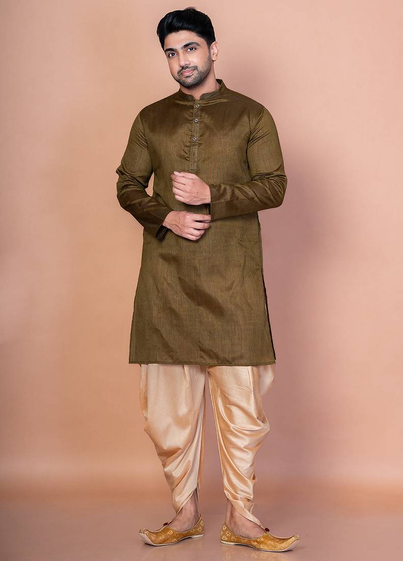 Olive banarasi silk kurta for men with solid design