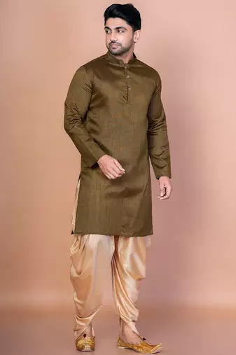 Olive banarasi silk kurta for men with solid design