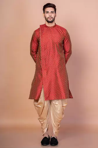 Red banarasi silk kurta for men with printed design
