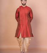 Red banarasi silk kurta for men with printed design