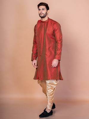 Red banarasi silk kurta for men with printed design 2