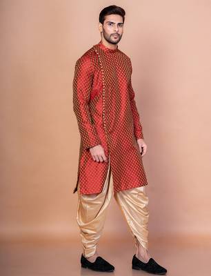 Red banarasi silk kurta for men with printed design 3