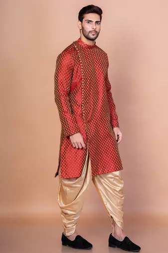 Red banarasi silk kurta for men with printed design