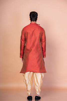 Red banarasi silk kurta for men with printed design 4