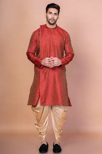 Red banarasi silk kurta for men with printed design