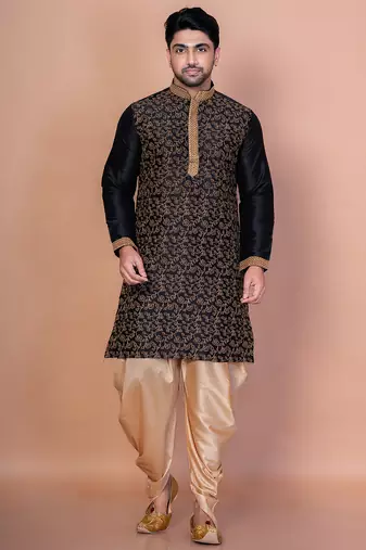 Black banarasi silk kurta for men with embroidery work