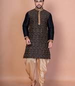 Black banarasi silk kurta for men with embroidery work