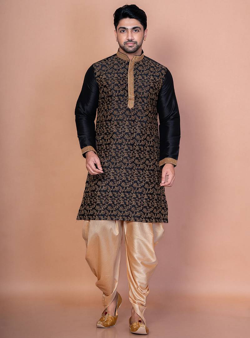 Black banarasi silk kurta for men with embroidery work