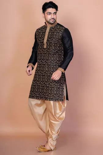 Black banarasi silk kurta for men with embroidery work