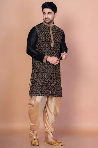 Black banarasi silk kurta for men with embroidery work