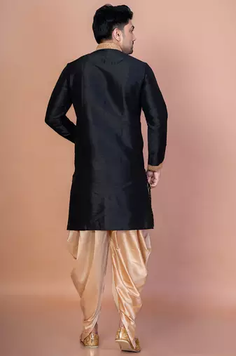 Black banarasi silk kurta for men with embroidery work