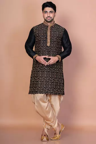 Black banarasi silk kurta for men with embroidery work