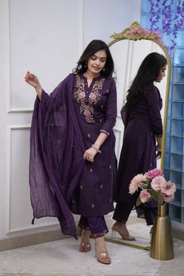 Purple Embroidered Cotton Suit Set with Dupatta 1