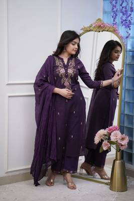 Purple Embroidered Cotton Suit Set with Dupatta 2