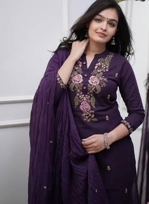Purple Embroidered Cotton Suit Set with Dupatta 3