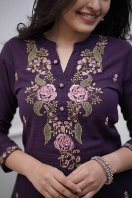 Purple Embroidered Cotton Suit Set with Dupatta 4