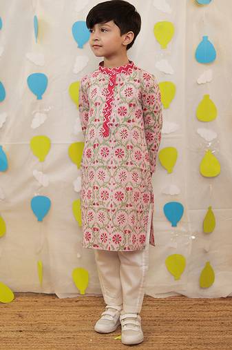 Pink embroidered cotton kurta pyjama