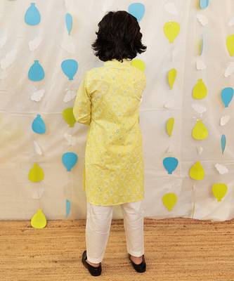 Yellow embroidered cotton kurta pyjama 2