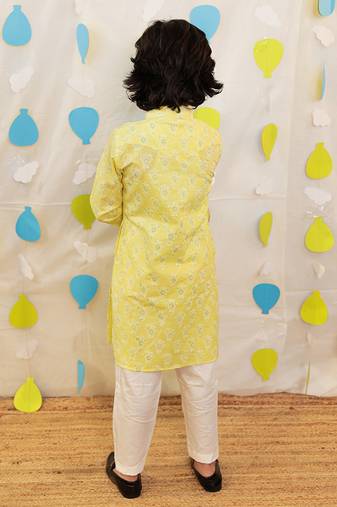 Yellow embroidered cotton kurta pyjama