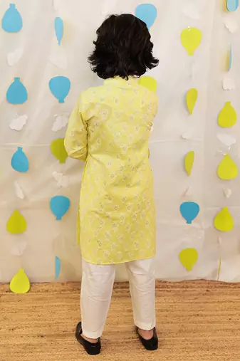 Yellow embroidered cotton kurta pyjama