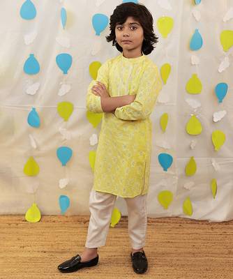 Yellow embroidered cotton kurta pyjama 1