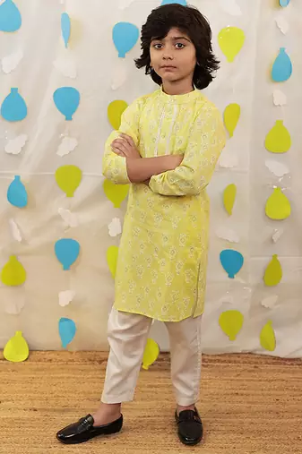 Yellow embroidered cotton kurta pyjama