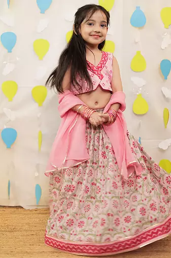 Pink embroidered cotton lehenga set