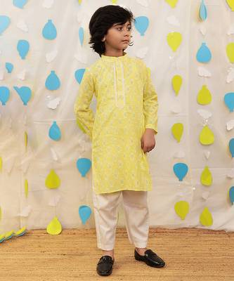 Yellow embroidered cotton kurta pyjama 4