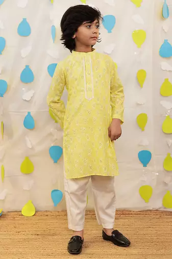Yellow embroidered cotton kurta pyjama