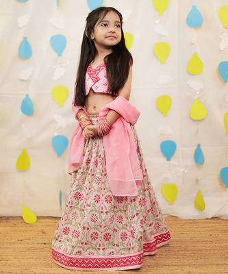 Pink embroidered cotton lehenga set 1