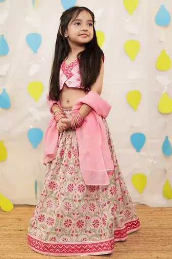 Pink embroidered cotton lehenga set