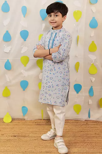 Blue embroidered cotton kurta pyjama