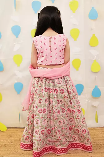 Pink embroidered cotton lehenga set