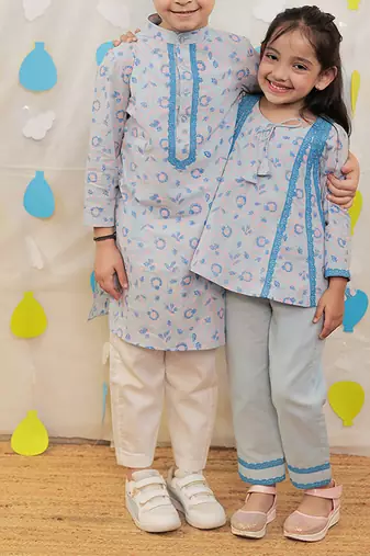 Blue embroidered cotton kurta pyjama