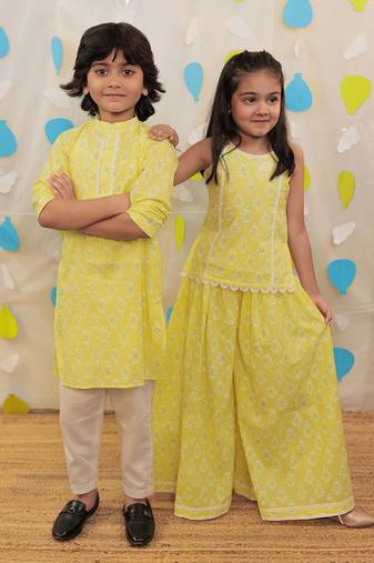 Yellow printed cotton sharara with top