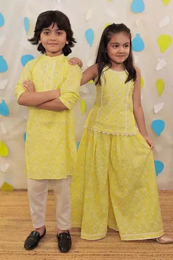 Yellow printed cotton sharara with top